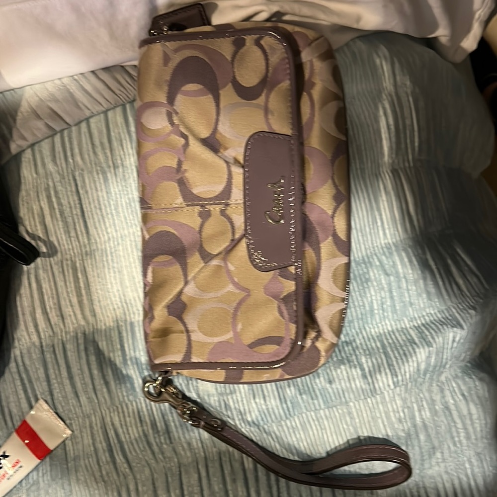 Coach purple and tan wallet wristlet